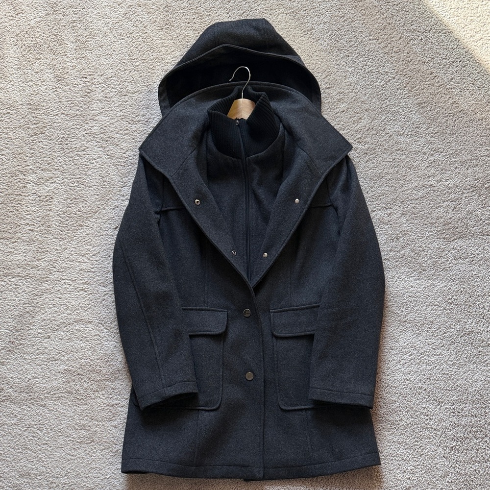 Women's Dark Grey/Black Pea Coat with Hood
